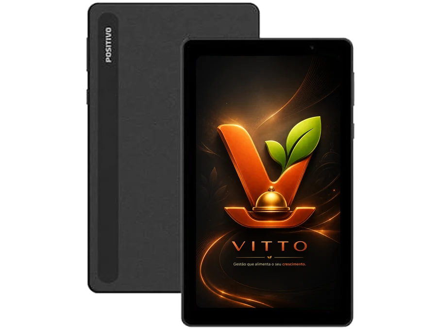 Dois tablets do programa de comodato Vitto: um visto por trás e outro de frente exibindo a marca Vitto na tela
